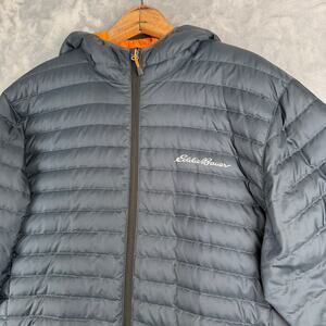 Eddie Bauer EB650 Down Puffer Jacket Men’s TL Tall Large Blue Hooded Full Zip